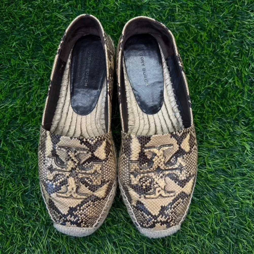 Tory Burch Slip On Women 7M Ines‎ Espadrille Tan Snakeskin Leather Platform